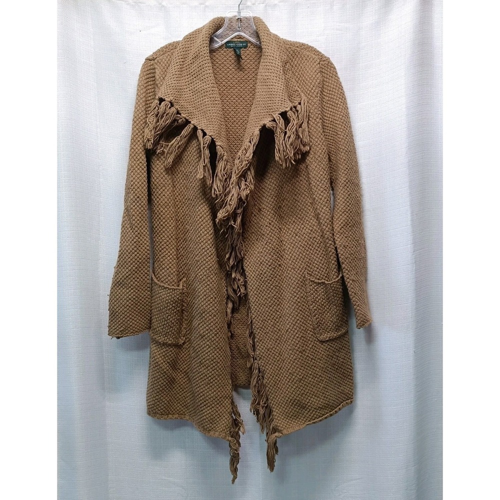 LRL Lauren Jeans Co Brown Fringe Knit Angora Blend Cardigan Women M Pockets Open